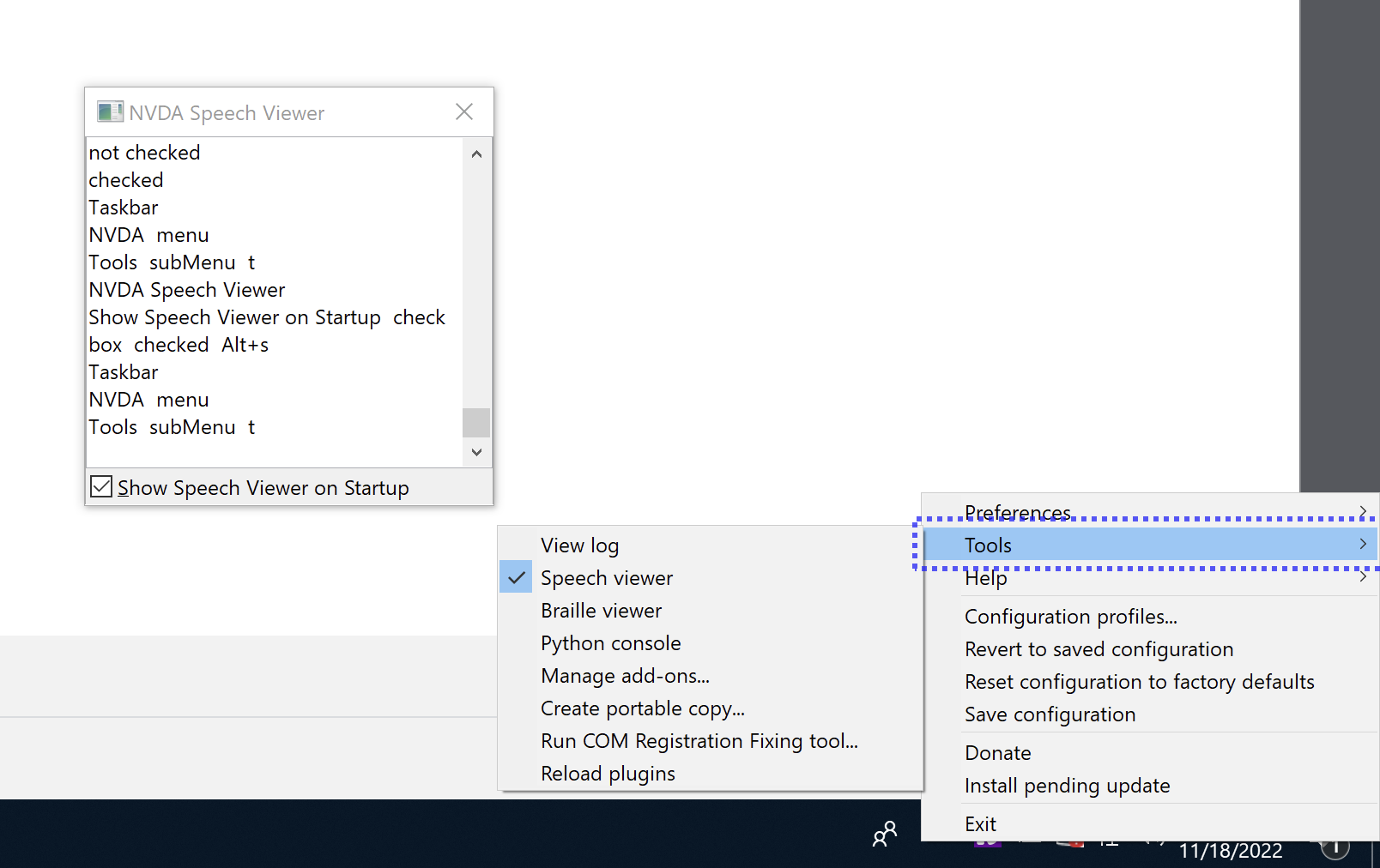 Screenshot of the NVDA taskbar menu, with the speech viewer option enabled in the submenu.