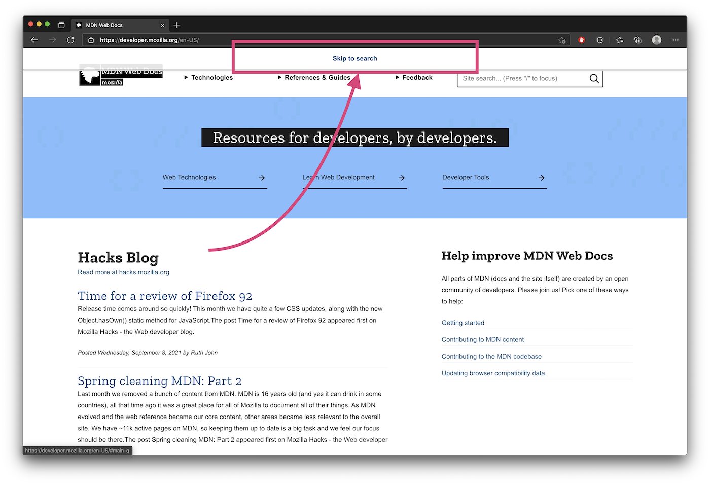 A screenshot the MDN homepage with a 'skip to search' skip link highlighted at the top edge of the page.