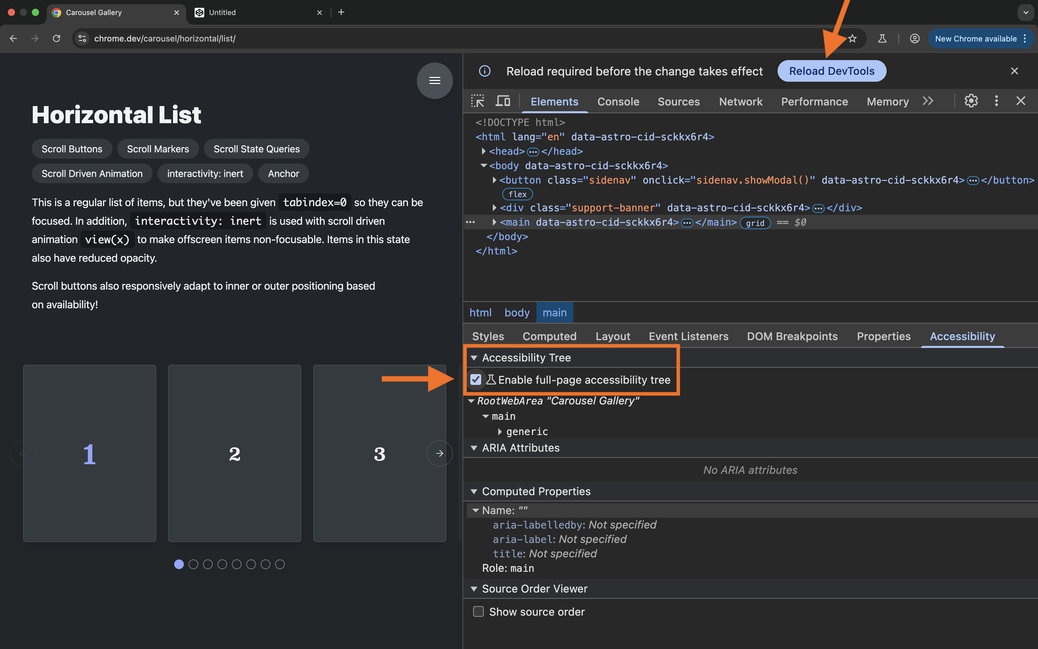 Screenshot of the Chrome DevTools highlighting the Enable Full-page accessibility tree checkbox.