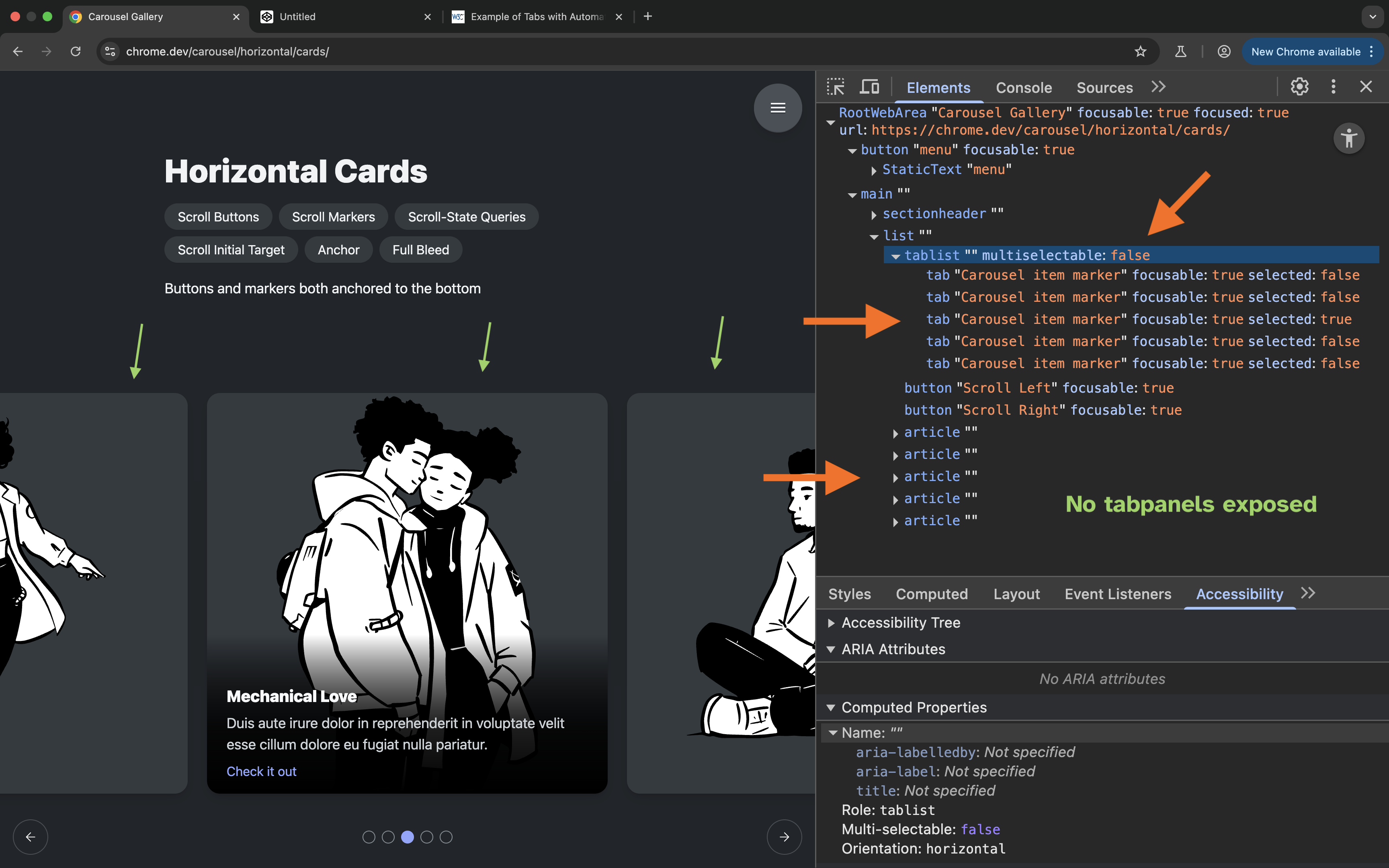 A screenshot of the Chrome DevTools accessibility panel showing the full-view accessibility tree of the Cards carousel.