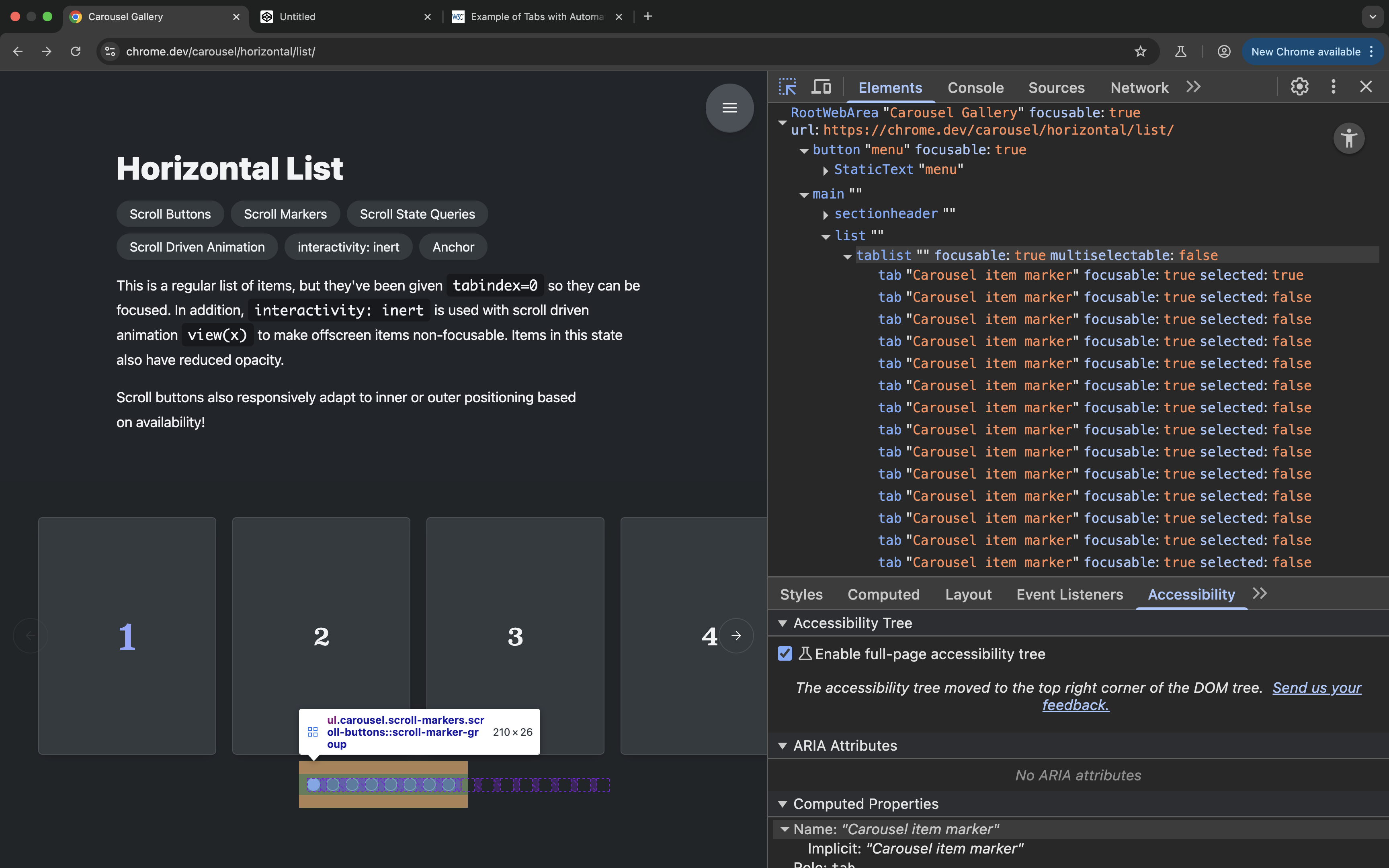 A screenshot of the Chrome DevTools full-view accessibility tree for the horizontal list showing the tablist has multiselectable property set to 'false'.