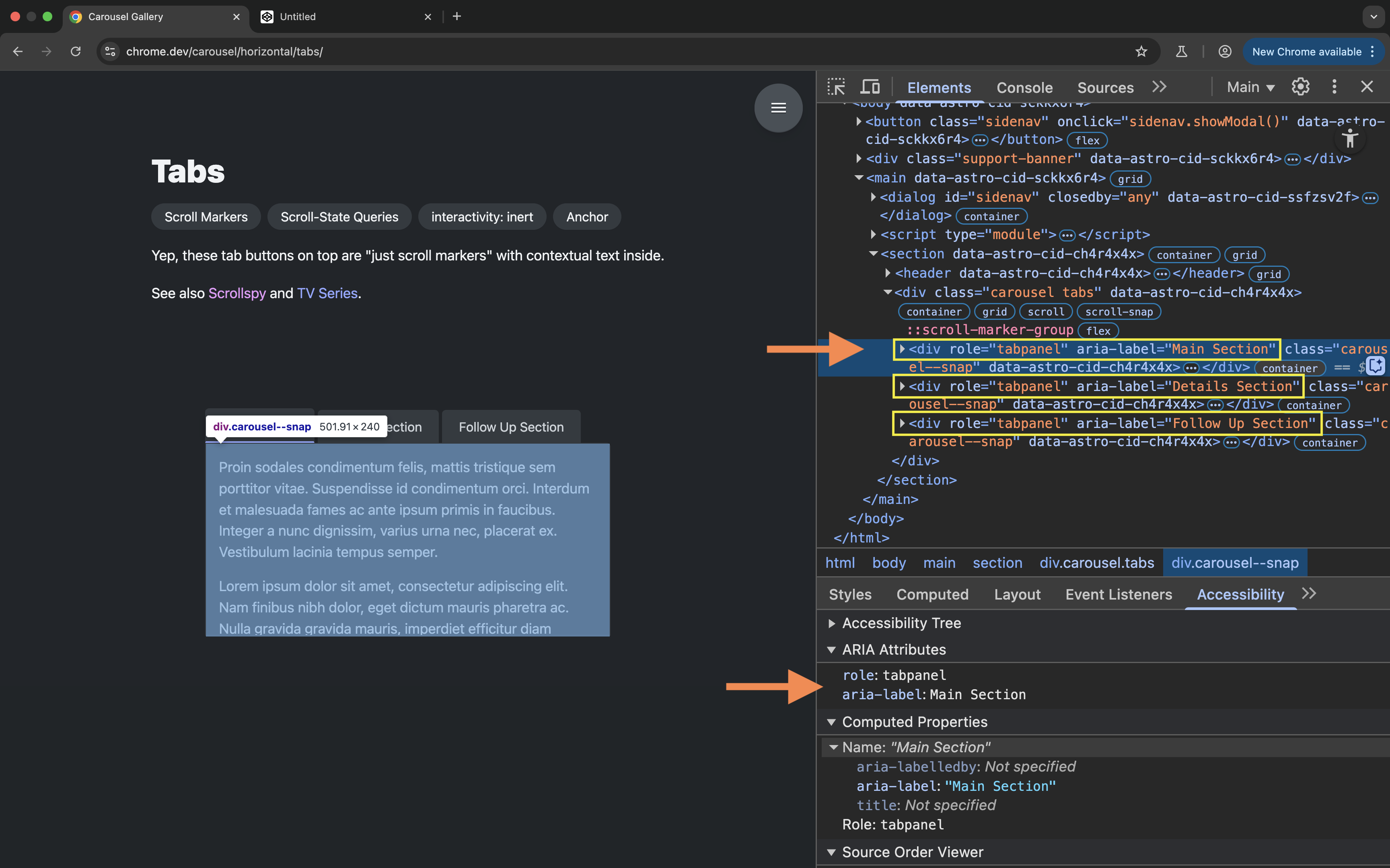 A screenshot of the Chrome DevTools Elements panel for the Tabs example showing each of the tabpanels as divs with role=tabpanel set on them.