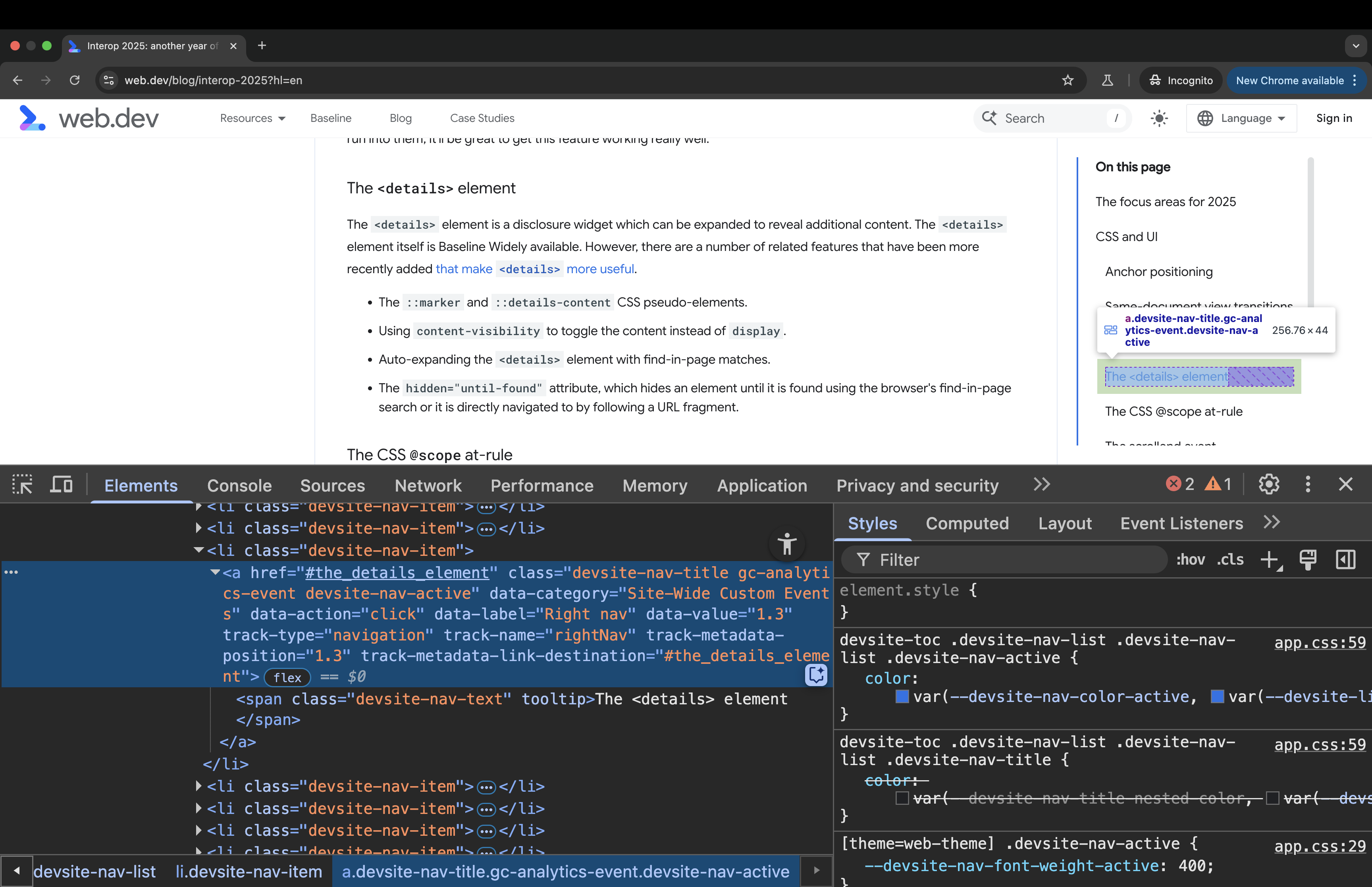 A screenshot of the web.dev article shown in Chrome with the Chrome DevTools open. The Styles panel shows the active styles applied to the currently-active link that has a class name 'devsite-nav-active'.